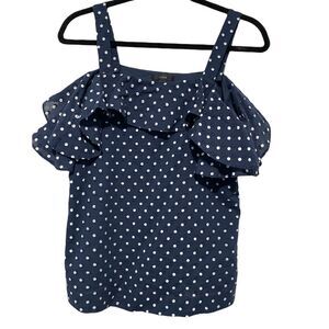 J. Crew Off Shoulder Short Ruffle Sleeve Blouse Navy White Size 2 Tall